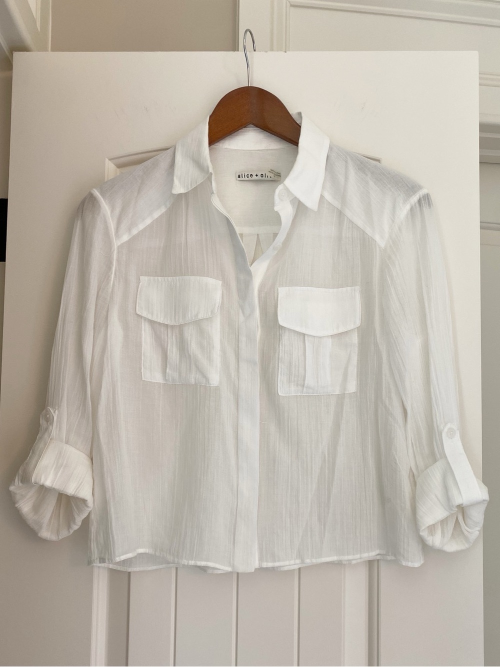 Alice + Olivia Semi-Sheer White Button-Front Utility Blouse Size S/P